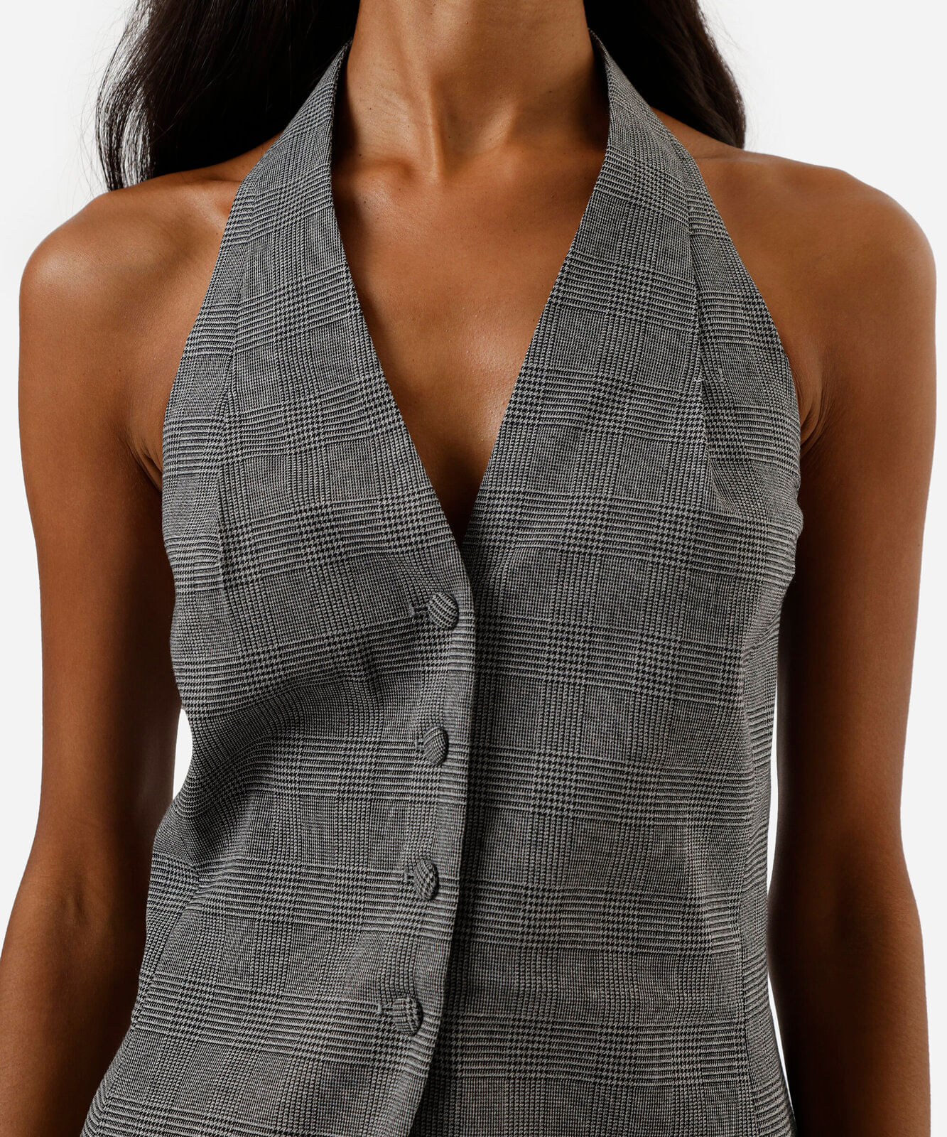 blusa feminina frente única xadrez cinza