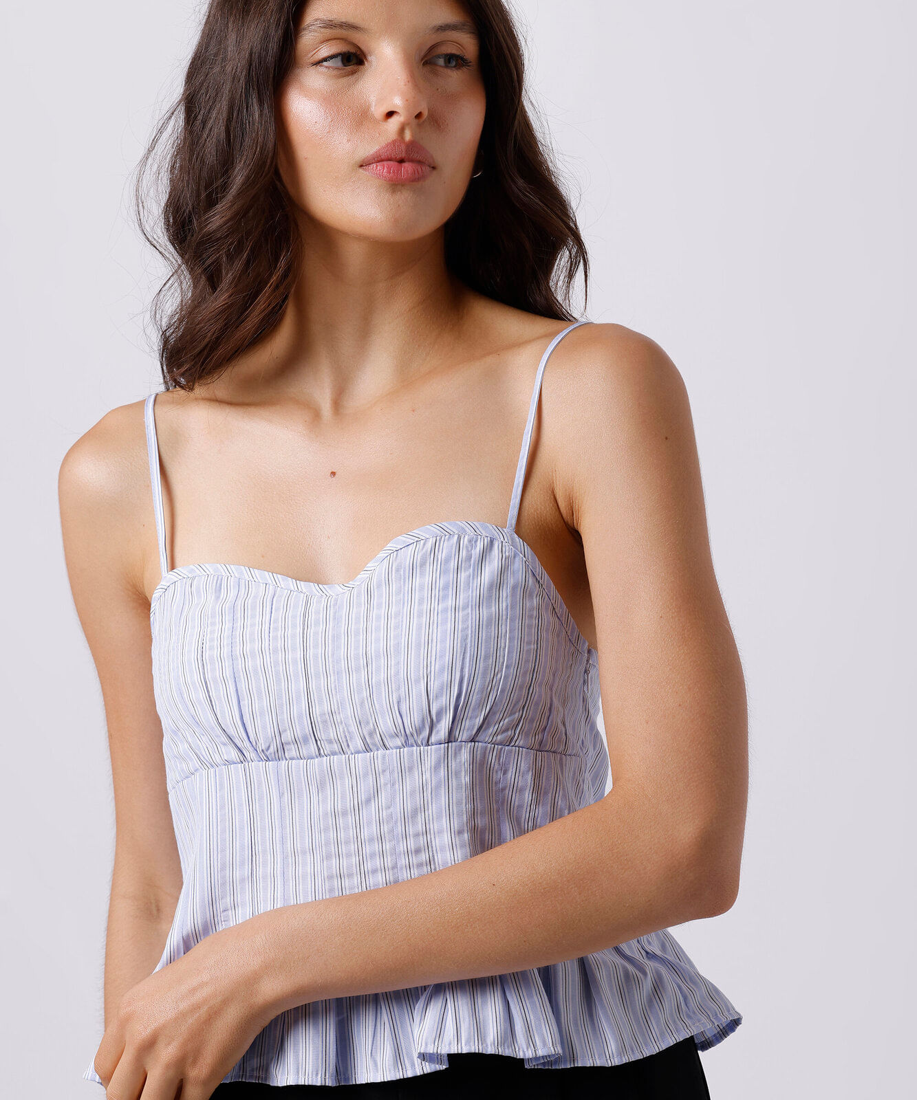blusa peplum feminina com pregas listrada mindset azul