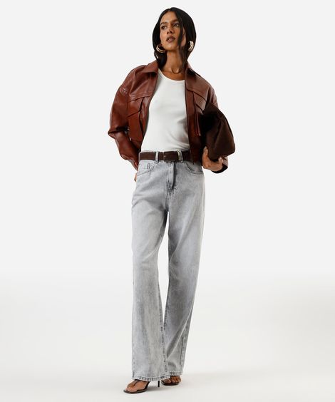 calça wide leg slim feminina jeans cintura alta cinza