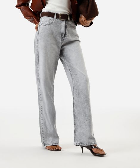 calça wide leg slim feminina jeans cintura alta cinza