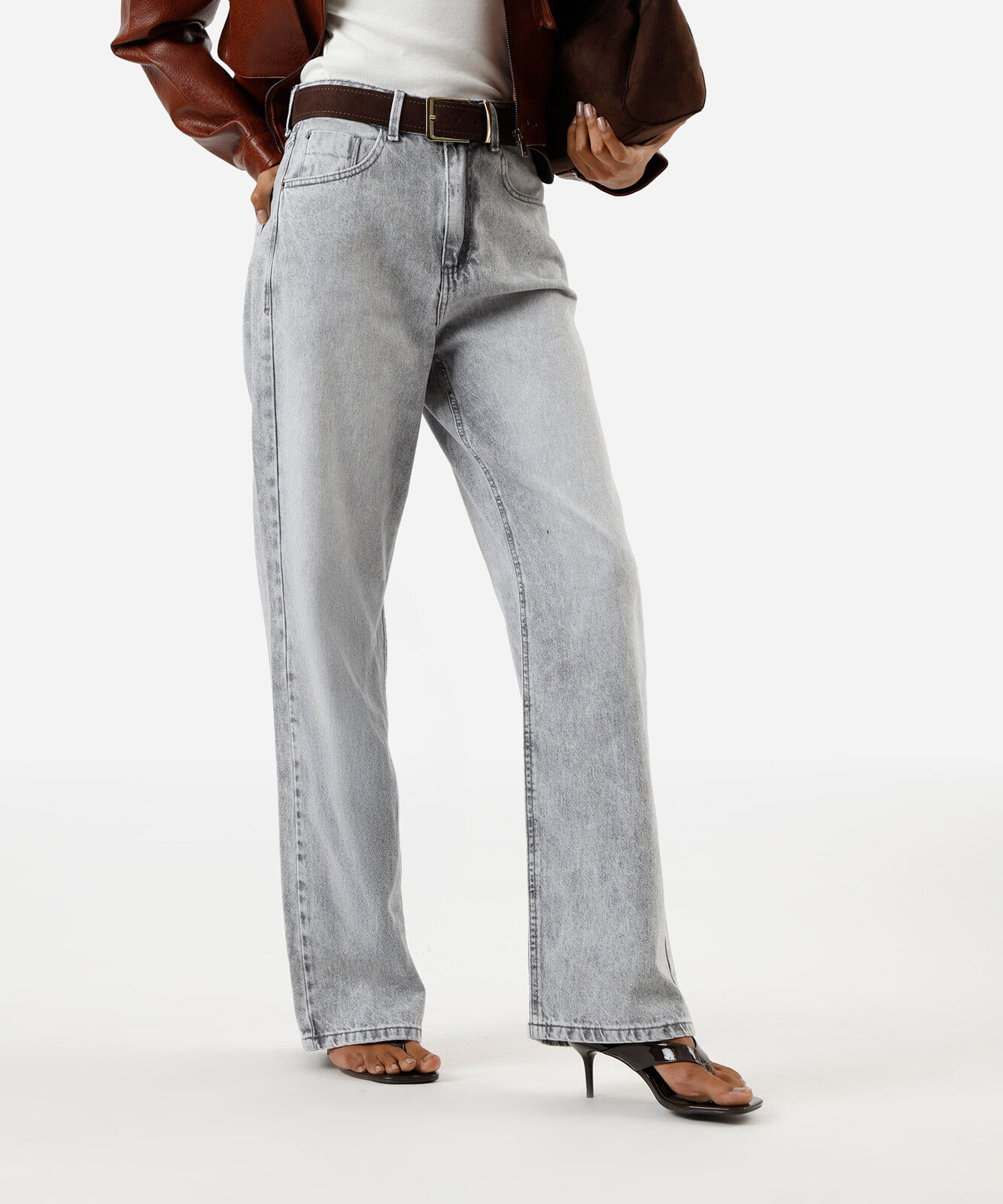 calça wide leg slim feminina jeans cintura alta cinza