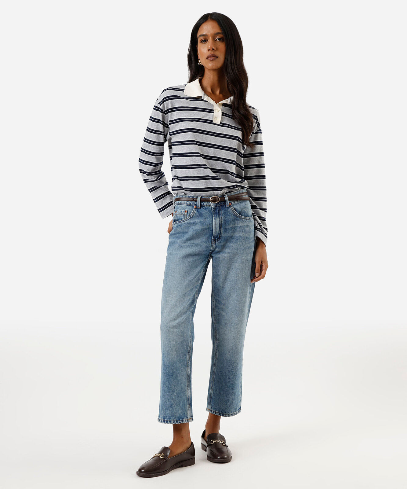 calça reta cropped feminina jeans cintura alta azul