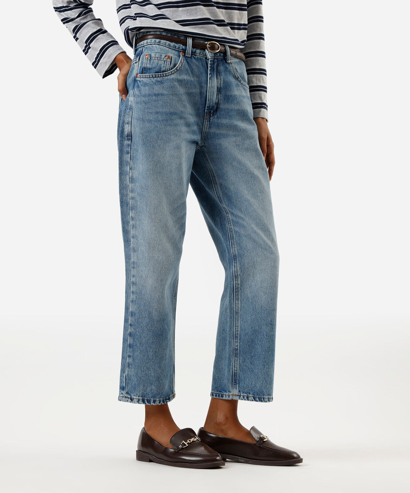 calça reta cropped feminina jeans cintura alta azul