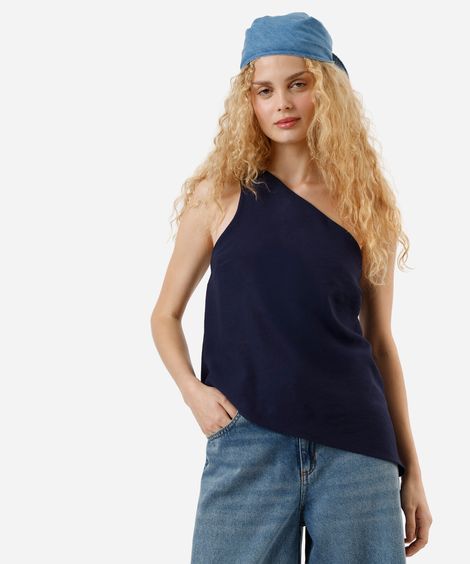 blusa ombro único feminina com viscose assimétrica azul
