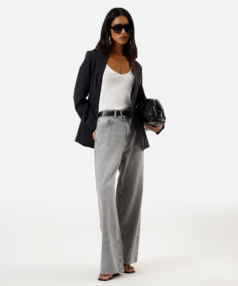 calça oversized feminina jeans cintura média cinza