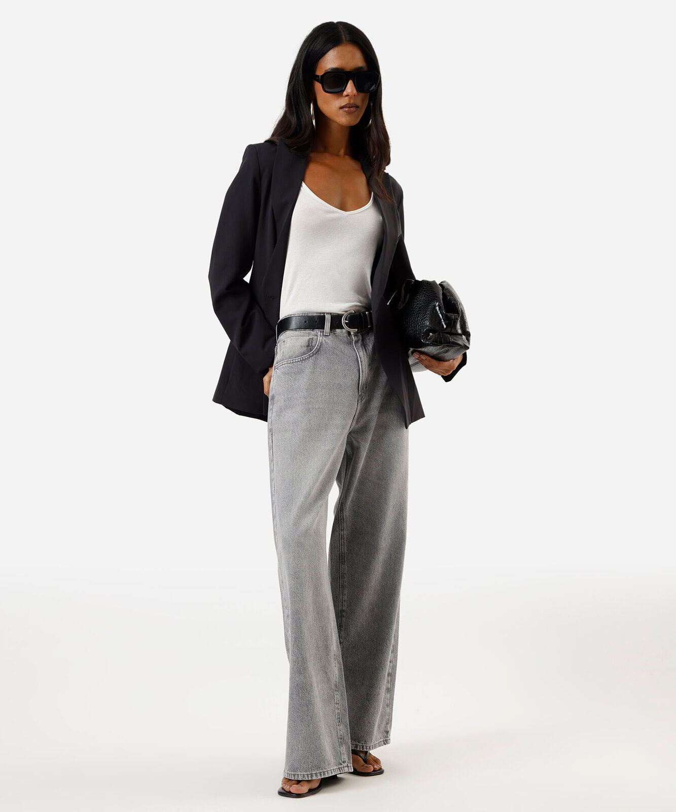 calça oversized feminina jeans cintura média cinza