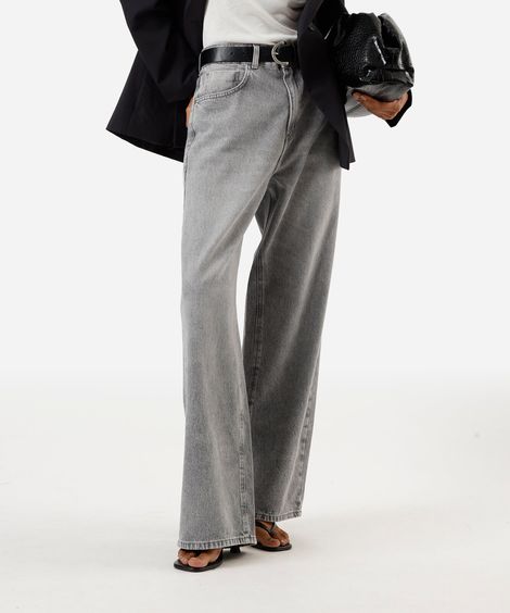 calça oversized feminina jeans cintura média cinza