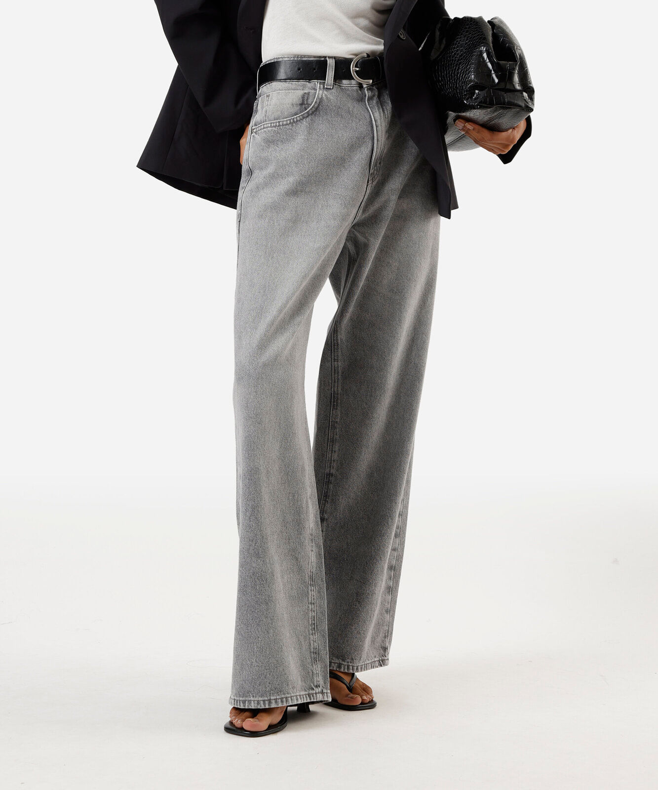 calça oversized feminina jeans cintura média cinza