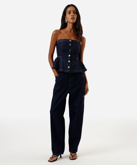 calça jeans baggy stretch cintura alta azul