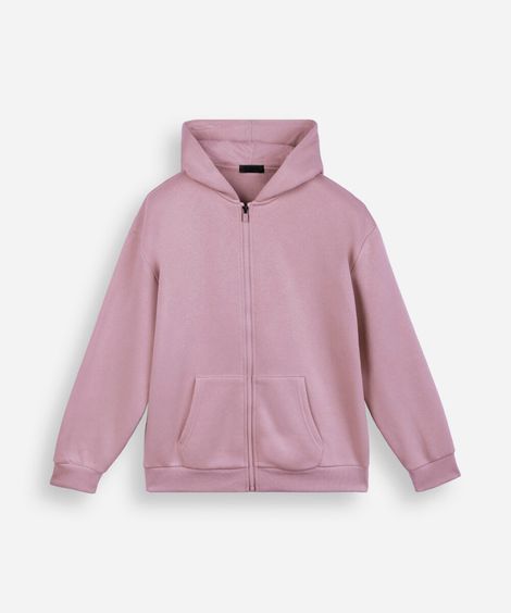 blusão de moletom juvenil com zíper rosa
