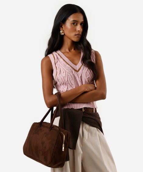 colete feminino de tricot decote v texturizado rosa