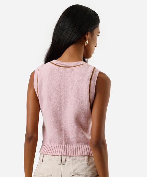 colete feminino de tricot decote v texturizado rosa