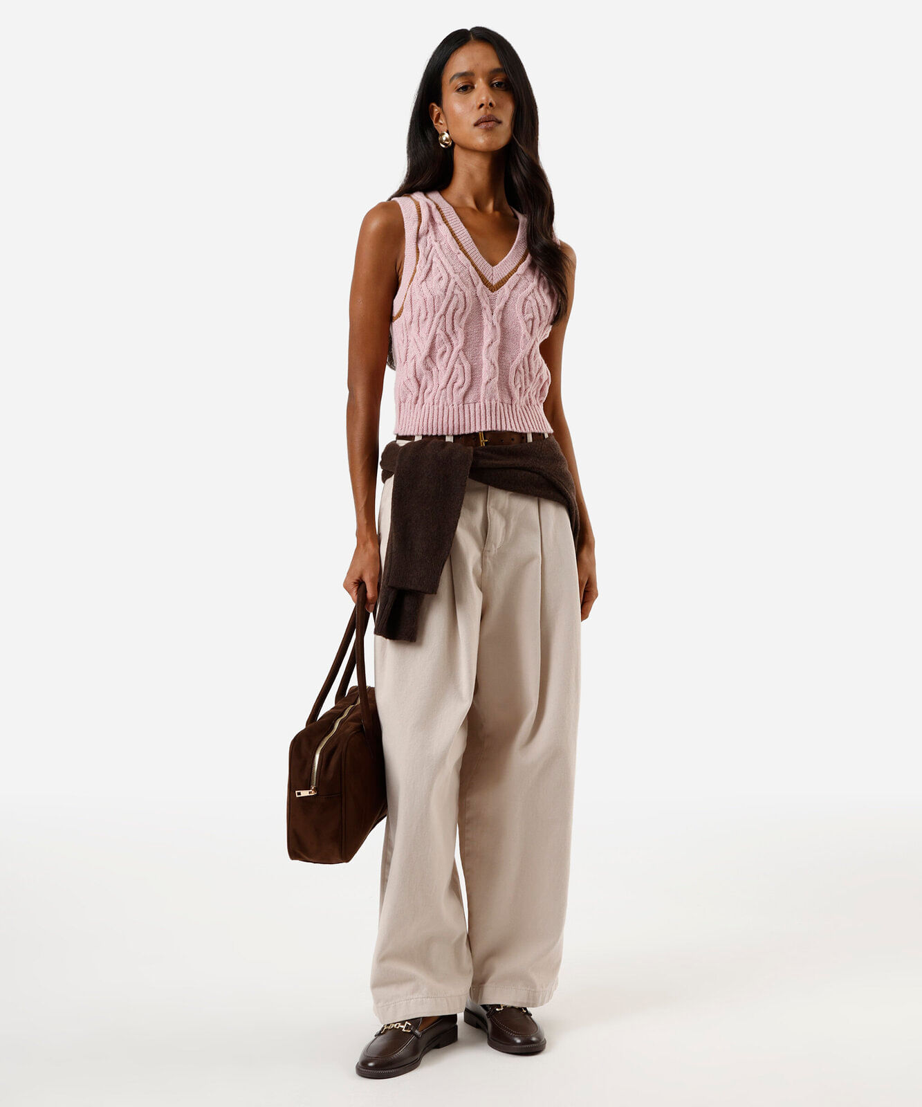 colete feminino de tricot decote v texturizado rosa