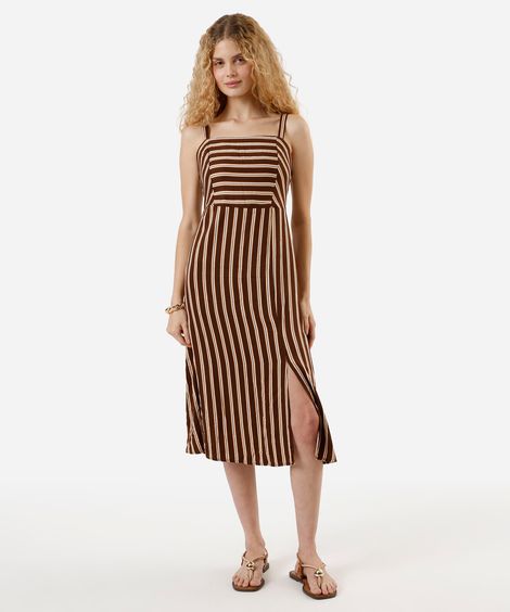vestido midi alça fina feminino de viscose com fenda listrado marrom