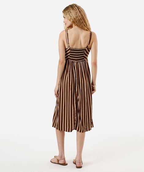 vestido midi alça fina feminino de viscose com fenda listrado marrom