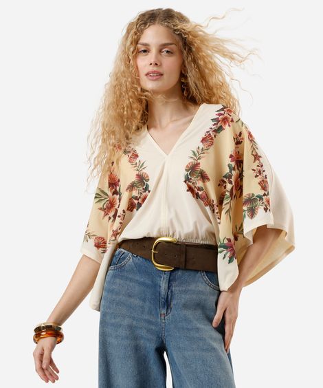 bata feminina manga ampla floral bege