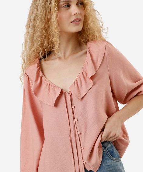 bata feminina com viscose e babados manga longa rosa