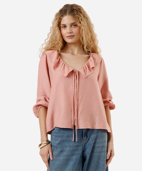 bata feminina com viscose e babados manga longa rosa