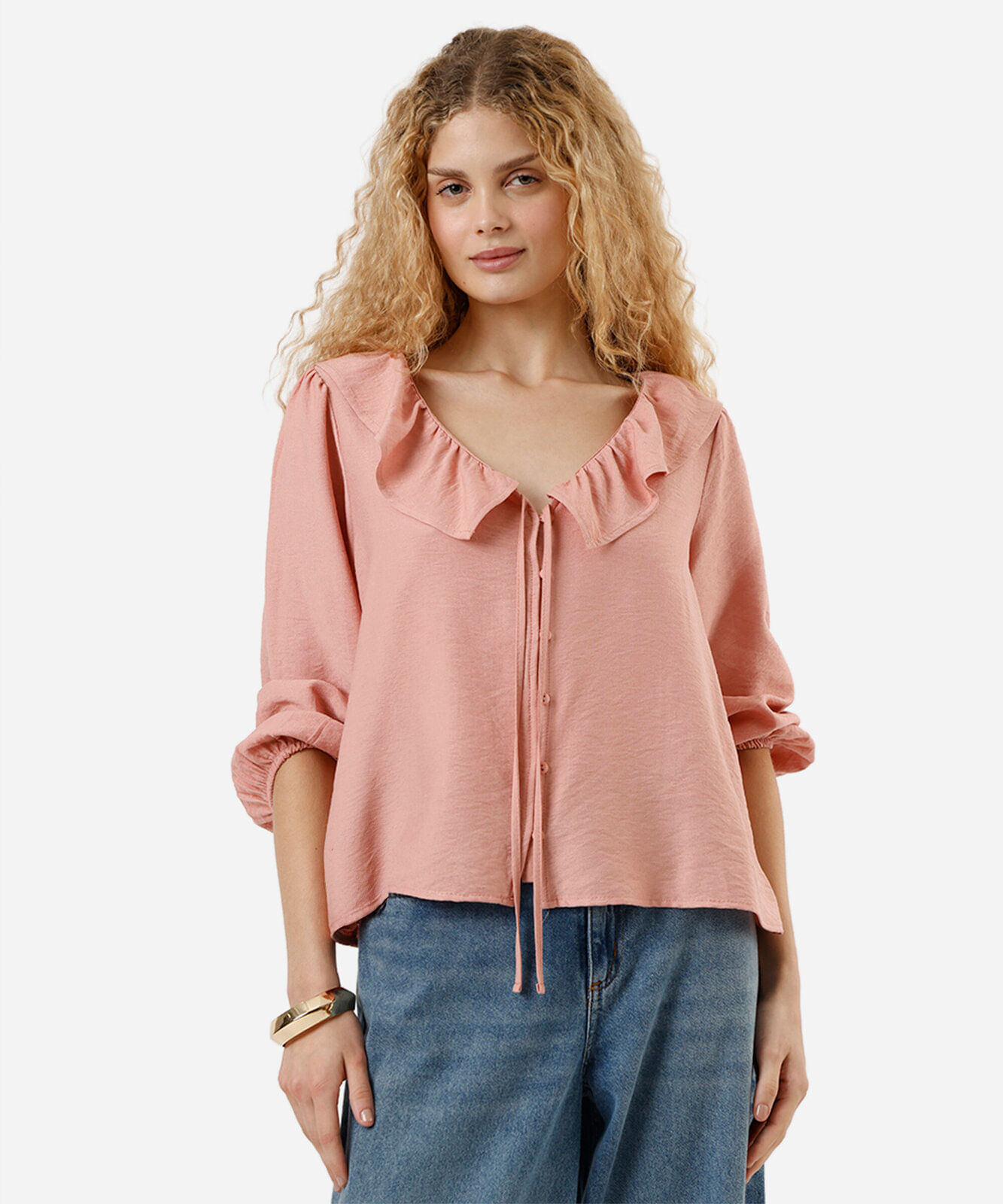 bata feminina com viscose e babados manga longa rosa