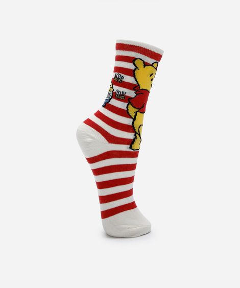 meia cano alto ursinho pooh listrada off white