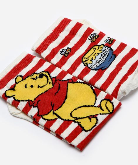 meia cano alto ursinho pooh listrada off white