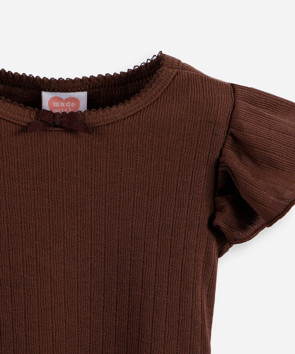 blusa infantil com algodão e laço canelada marrom
