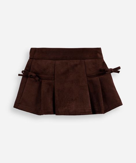 short saia infantil de suede com pregas e laços marrom