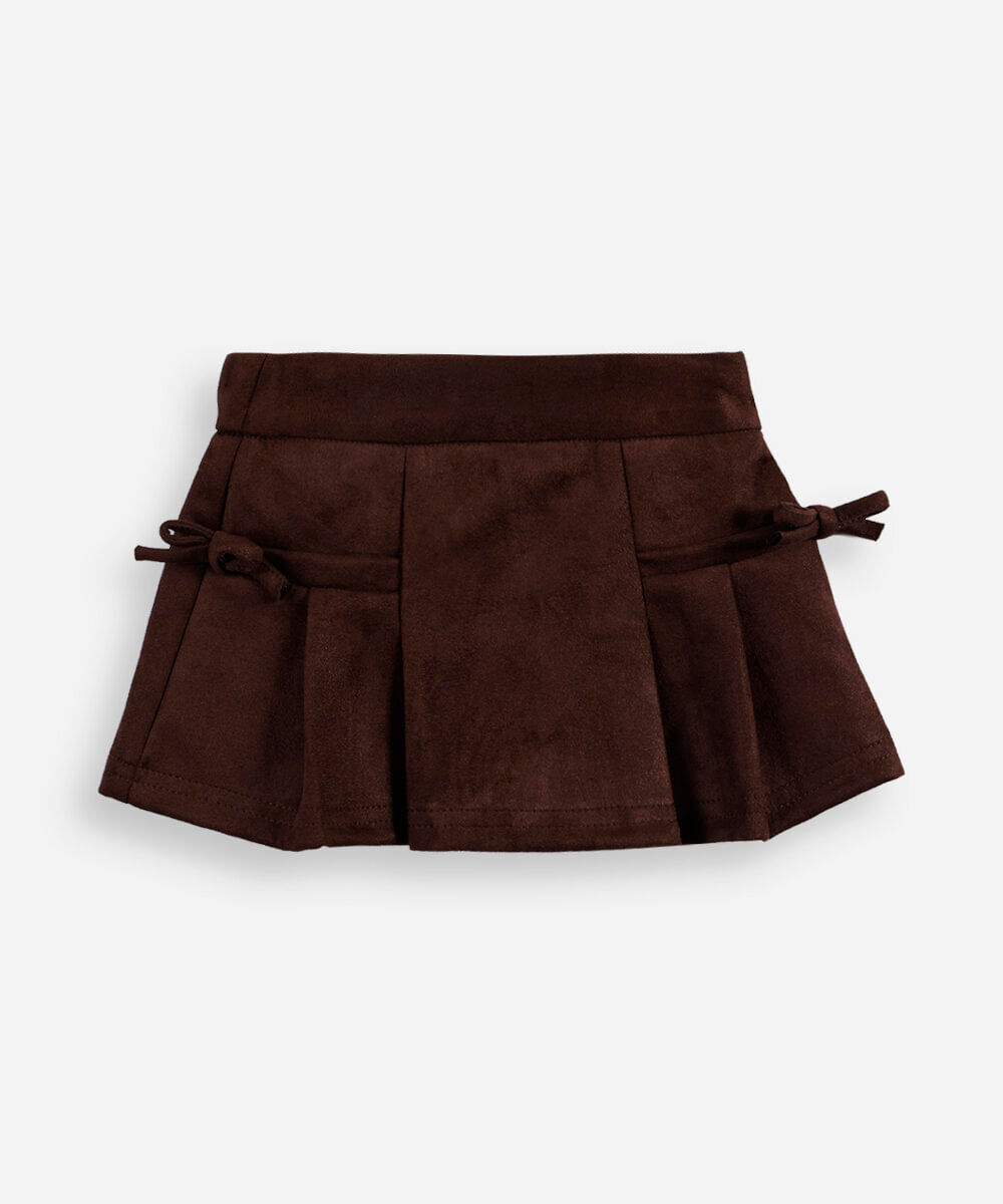 short saia infantil de suede com pregas e laços marrom