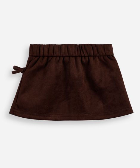 short saia infantil de suede com pregas e laços marrom