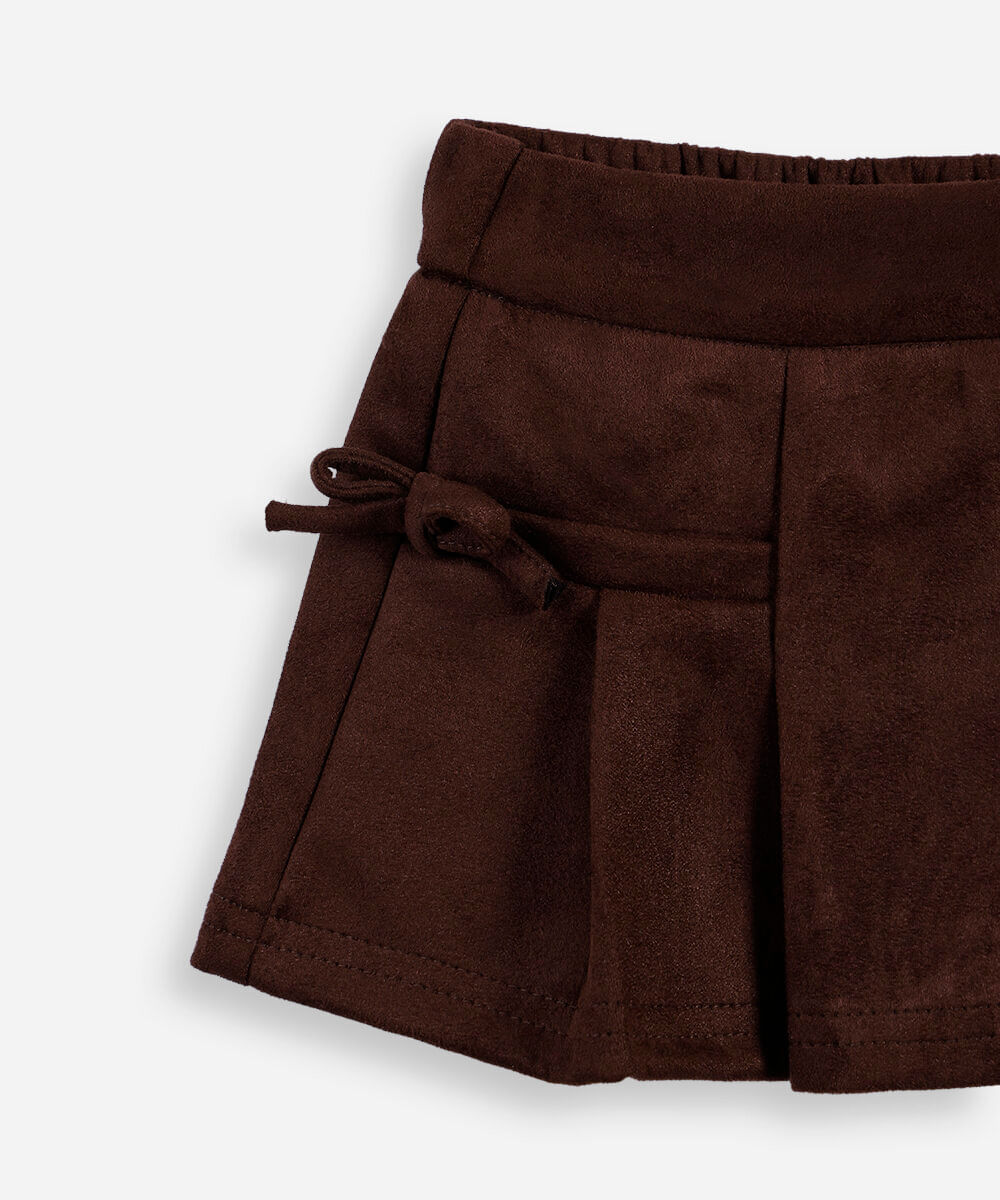 short saia infantil de suede com pregas e laços marrom