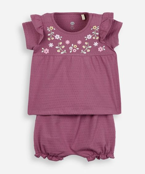 conjunto infantil manga curta malha bolinha rosa