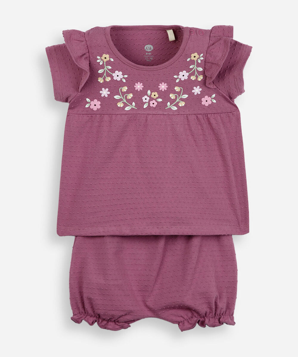 conjunto infantil manga curta malha bolinha rosa