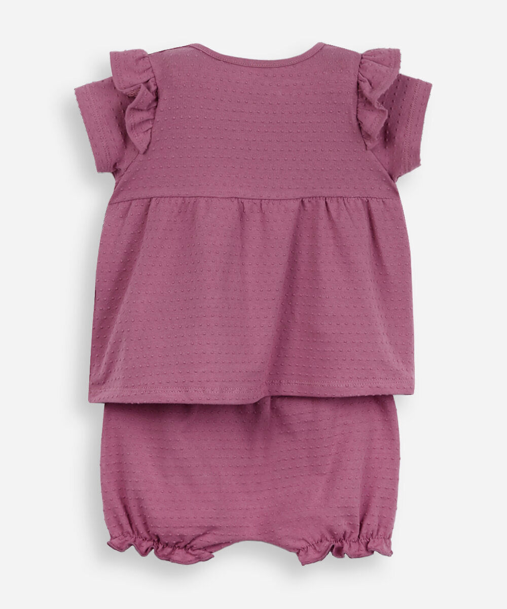 conjunto infantil manga curta malha bolinha rosa
