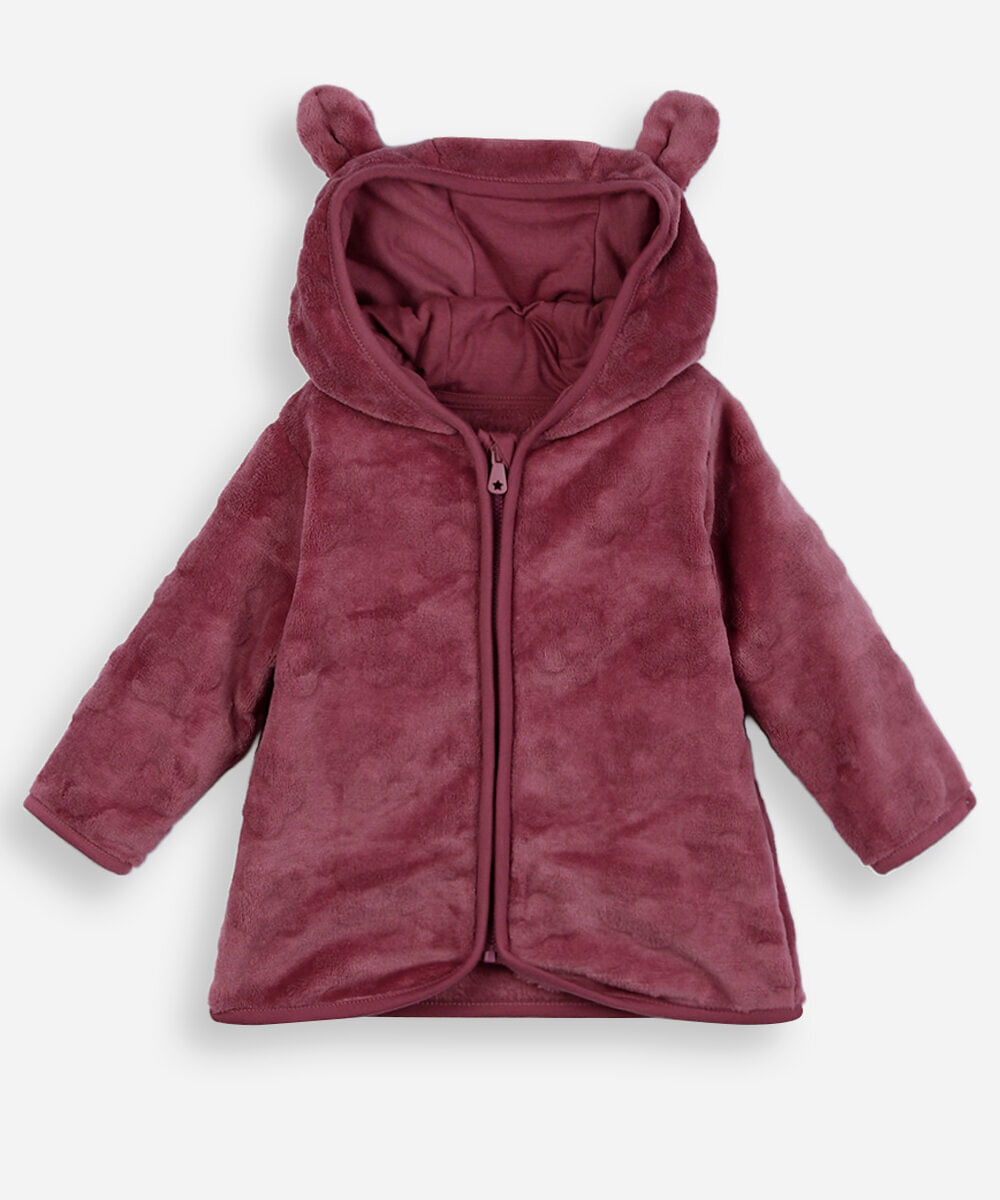 jaqueta infantil com capuz textura flor vinho