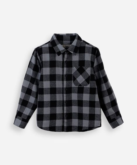 camisa de algodão infantil manga longa xadrez cinza