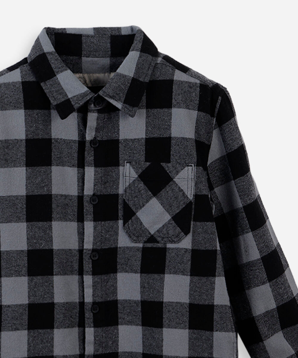 camisa de algodão infantil manga longa xadrez cinza