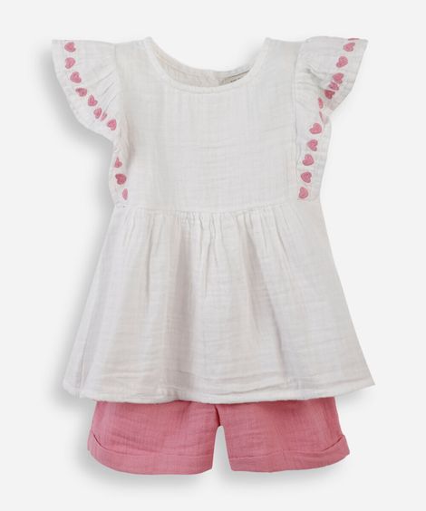 conjunto infantil curto com babados coração rosa