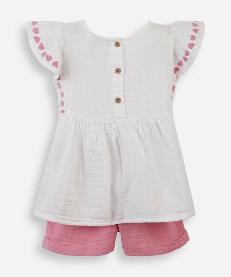 conjunto infantil curto com babados coração rosa