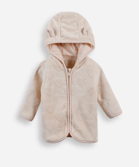jaqueta infantil com capuz e orelhas texturizada bege
