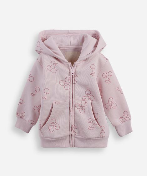 blusão infantil de moletom com capuz e zíper cerejas rosa