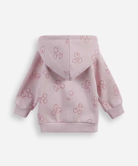 blusão infantil de moletom com capuz e zíper cerejas rosa