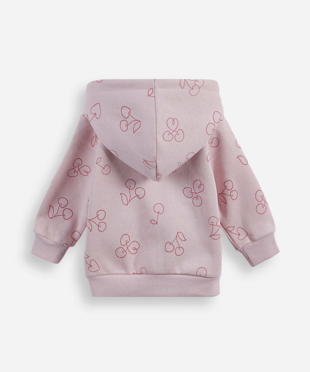 blusão infantil de moletom com capuz e zíper cerejas rosa