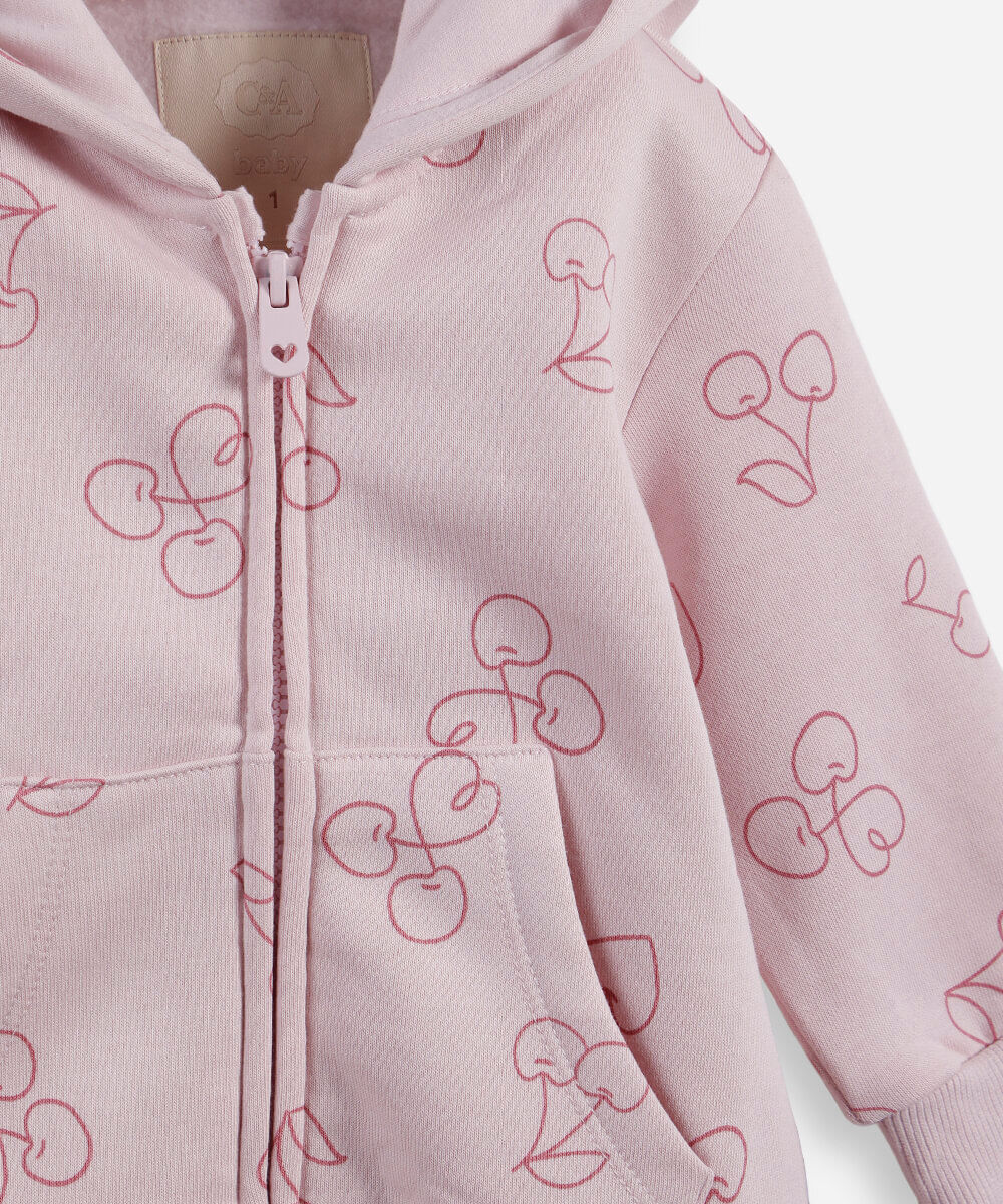 blusão infantil de moletom com capuz e zíper cerejas rosa