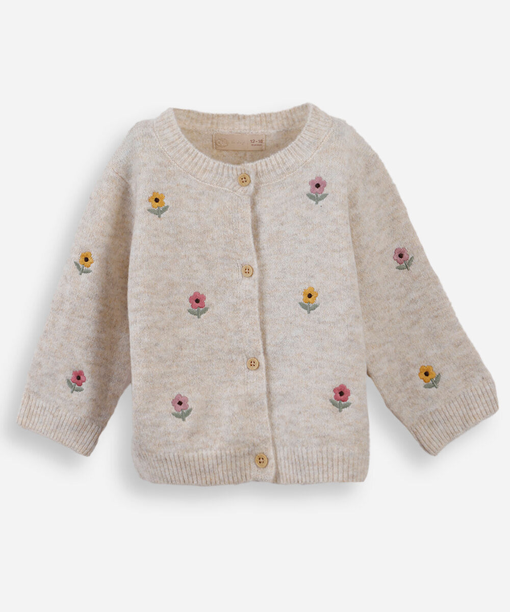 cardigan infantil de tricot bordados flores - bege claro