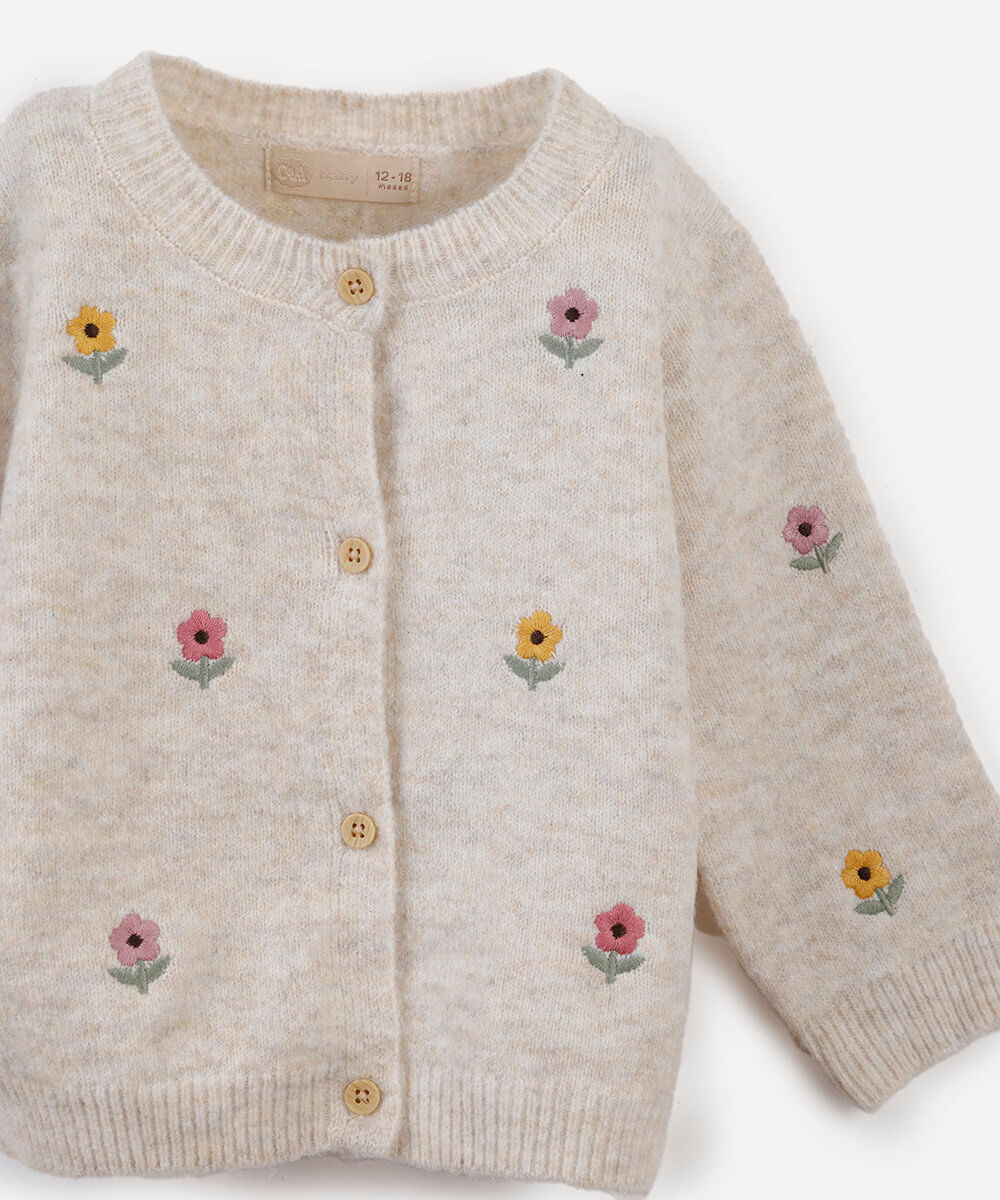 cardigan infantil de tricot bordados flores - bege claro