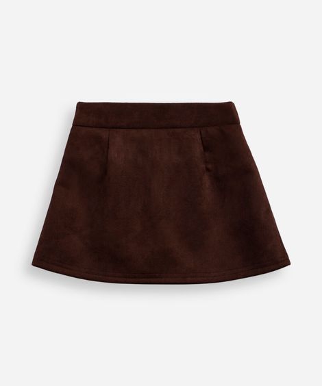 short saia infantil de suede com pregas e laços marrom