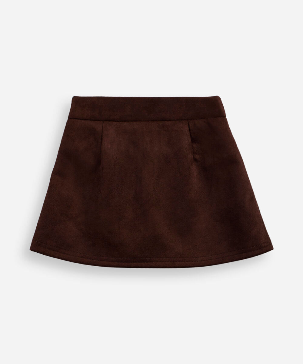 short saia infantil de suede com pregas e laços marrom
