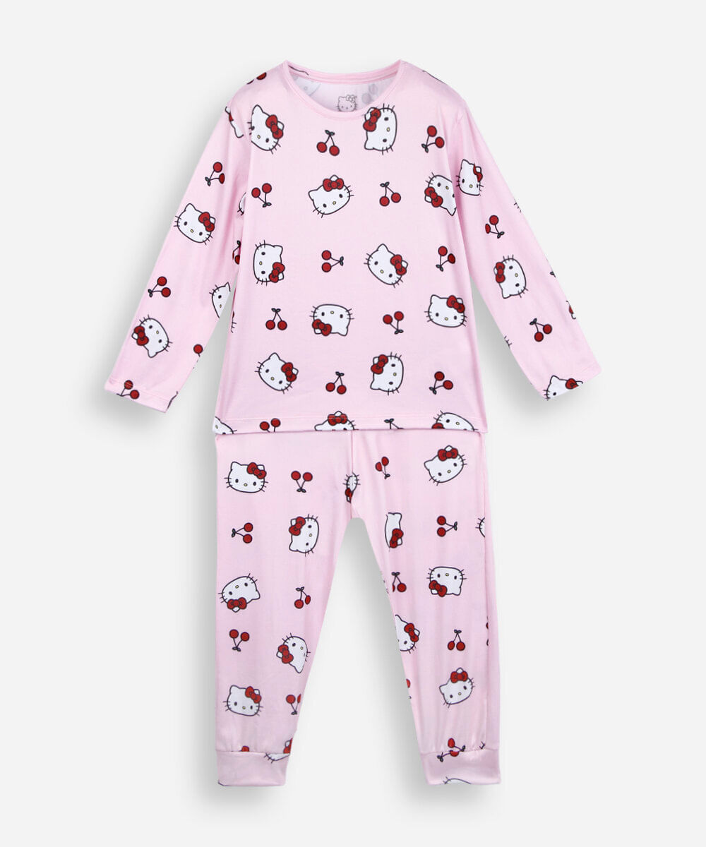 pijama longo infantil hello kitty rosa