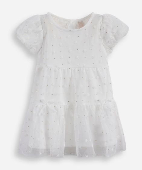 vestido infantil de tule com recortes e brilhos floral off white