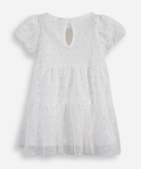 vestido infantil de tule com recortes e brilhos floral off white